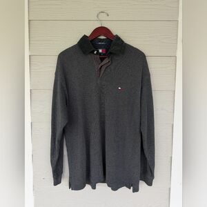 Tommy Hilfiger Polo Shirt Mens L Gray Corduroy Collar Long Sleeve Casual Preppy
